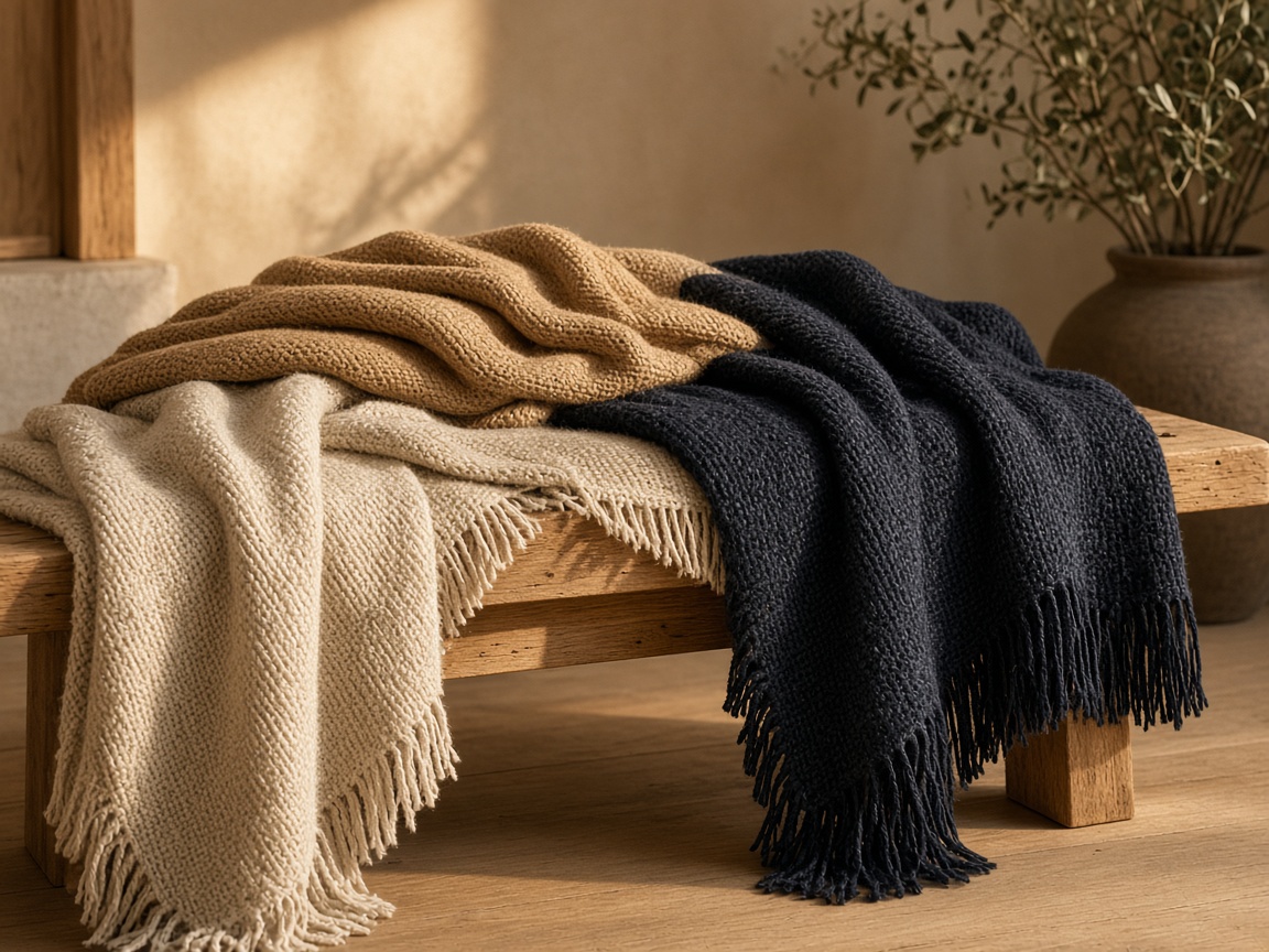 Woven blankets draped over an oak bench