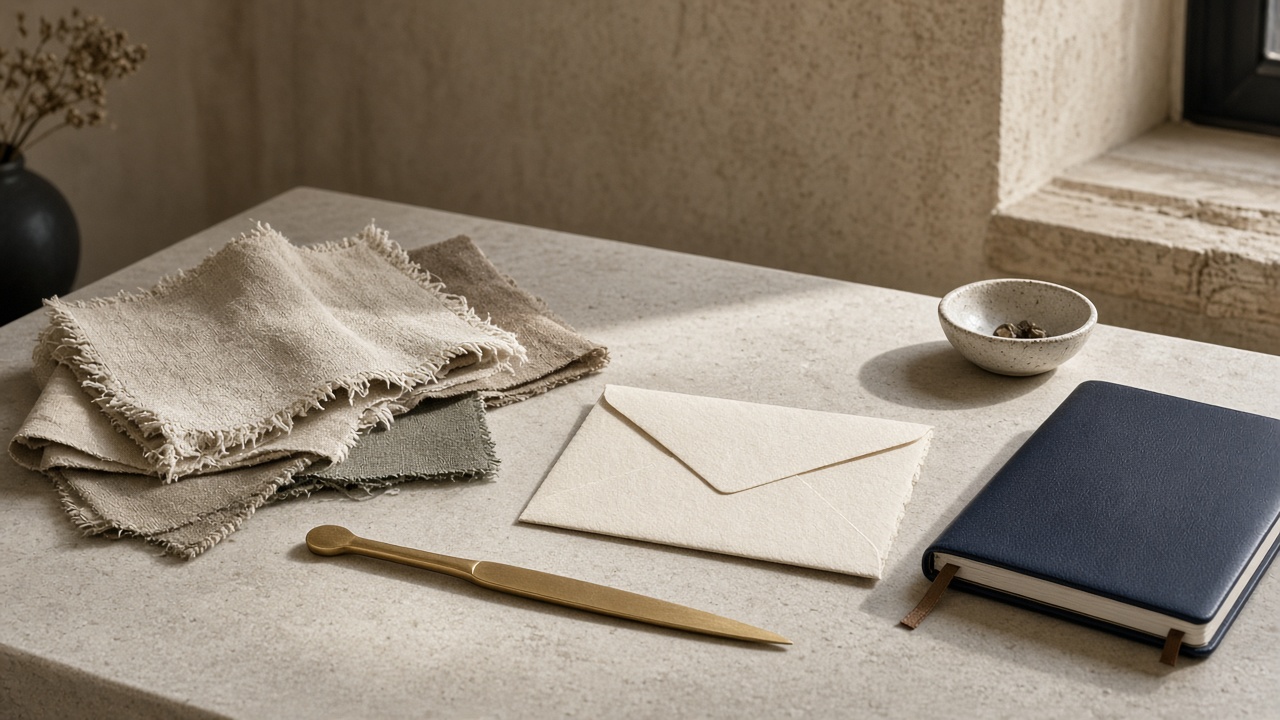Wholesale atelier desk with linen swatches and a navy notebook